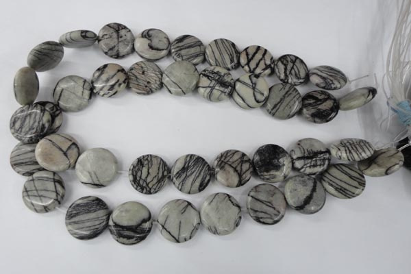 CTJ208 15.5 inches 20mm flat round black water jasper beads wholesale