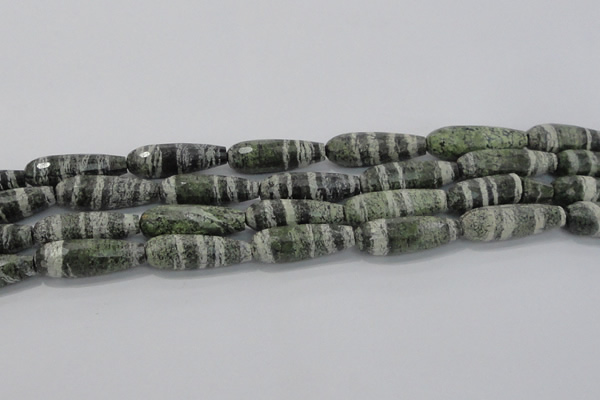 CTR140 15.5 inches 10*30mm faceted teardrop green silver line jasper beads