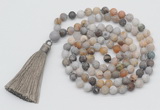 GMN1005 Hand-knotted 8mm, 10mm matte bamboo leaf agate 108 beads mala necklaces with tassel