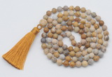 GMN1006 Hand-knotted 8mm, 10mm matte fossil coral 108 beads mala necklaces with tassel