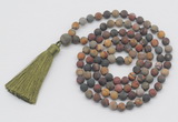 GMN1009 Hand-knotted 8mm, 10mm matte picasso jasper 108 beads mala necklaces with tassel