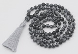 GMN1014 Hand-knotted 8mm, 10mm matte snowflake obsidian 108 beads mala necklaces with tassel