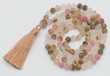 GMN1022 Hand-knotted 8mm, 10mm matte volcano cherry quartz 108 beads mala necklaces with tassel