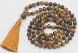 GMN1032 Hand-knotted 8mm, 10mm matte yellow tiger eye 108 beads mala necklace with tassel