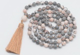 GMN1034 Hand-knotted 8mm, 10mm matte pink zebra jasper 108 beads mala necklace with tassel