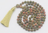 GMN1036 Hand-knotted 8mm, 10mm matte unakite 108 beads mala necklace with tassel