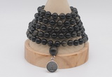 GMN1134 Hand-knotted 8mm, 10mm golden obsidian 108 beads mala necklaces with charm