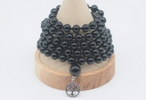 GMN1141 Hand-knotted 8mm, 10mm black tourmaline 108 beads mala necklaces with charm