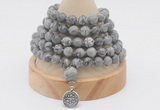 GMN1155 Hand-knotted 8mm, 10mm grey picture jasper 108 beads mala necklaces with charm