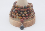 GMN1158 Hand-knotted 8mm, 10mm picasso jasper 108 beads mala necklaces with charm