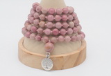 GMN1159 Hand-knotted 8mm, 10mm pink wooden jasper 108 beads mala necklaces with charm