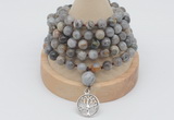 GMN1186 Hand-knotted 8mm, 10mm silver needle agate 108 beads mala necklaces with charm