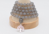 GMN1187 Hand-knotted 8mm, 10mm grey agate 108 beads mala necklaces with charm