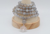 GMN1189 Hand-knotted 8mm, 10mm grey banded agate 108 beads mala necklaces with charm