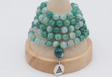 GMN1194 Hand-knotted 8mm, 10mm green banded agate 108 beads mala necklaces with charm