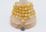 GMN1195 Hand-knotted 8mm, 10mm yellow banded agate 108 beads mala necklaces with charm