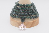 GMN1205 Hand-knotted 8mm, 10mm moss agate 108 beads mala necklaces with charm