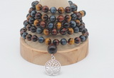 GMN1225 Hand-knotted 8mm, 10mm colorfull tiger eye 108 beads mala necklaces with charm