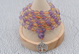 GMN1235 Hand-knotted 8mm, 10mm amethyst & citrine 108 beads mala necklaces with charm