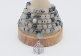 GMN1240 Hand-knotted 8mm, 10mm black rutilated quartz 108 beads mala necklaces with charm