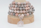 GMN1262 Hand-knotted 8mm, 10mm pink zebra jasper 108 beads mala necklaces with charm