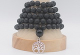 GMN1275 Hand-knotted 8mm, 10mm black lava 108 beads mala necklaces with charm