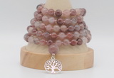 GMN1279 Hand-knotted 8mm, 10mm purple strawberry quartz 108 beads mala necklace with charm