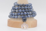 GMN1283 Hand-knotted 8mm, 10mm blue spot stone 108 beads mala necklace with charm