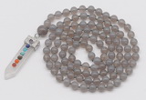 GMN1416 Hand-knotted 8mm, 10mm grey agate 108 beads mala necklace with pendant