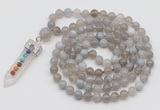 GMN1418 Hand-knotted 8mm, 10mm grey banded agate 108 beads mala necklace with pendant