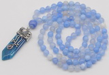 GMN1419 Hand-knotted 8mm, 10mm blue banded agate 108 beads mala necklace with pendant