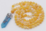 GMN1421 Hand-knotted 8mm, 10mm yellow banded agate 108 beads mala necklace with pendant