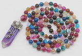 GMN1422 Hand-knotted 8mm, 10mm colorfull banded agate 108 beads mala necklace with pendant