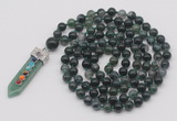 GMN1424 Hand-knotted 8mm, 10mm moss agate 108 beads mala necklace with pendant