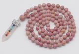 GMN1440 Hand-knotted 8mm, 10mm pink wooden jasper 108 beads mala necklace with pendant