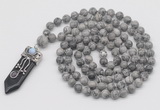 GMN1444 Hand-knotted 8mm, 10mm grey picture jasper 108 beads mala necklace with pendant