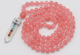 GMN1458 Hand-knotted 8mm, 10mm cherry quartz 108 beads mala necklace with pendant