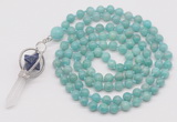 GMN1464 Hand-knotted 8mm, 10mm amazonite 108 beads mala necklace with pendant