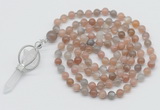 GMN1466 Hand-knotted 8mm, 10mm moonstone 108 beads mala necklace with pendant