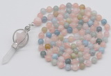 GMN1467 Hand-knotted 8mm, 10mm morganite 108 beads mala necklace with pendant