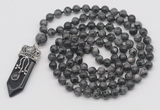 GMN1477 Hand-knotted 8mm, 10mm black labradorite 108 beads mala necklace with pendant