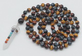 GMN1492 Hand-knotted 8mm, 10mm colorfull tiger eye 108 beads mala necklace with pendant