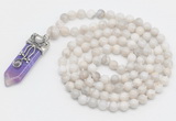 GMN1520 Hand-knotted 8mm, 10mm white crazy agate 108 beads mala necklace with pendant