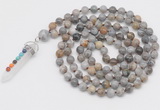 GMN1523 Hand-knotted 8mm, 10mm silver needle agate 108 beads mala necklace with pendant