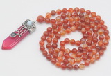 GMN1527 Hand-knotted 8mm, 10mm red banded agate 108 beads mala necklace with pendant