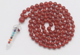 GMN1530 Hand-knotted 8mm, 10mm red agate 108 beads mala necklace with pendant