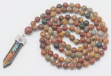 GMN1532 Hand-knotted 8mm, 10mm picasso jasper 108 beads mala necklace with pendant