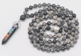 GMN1534 Hand-knotted 8mm, 10mm black water jasper 108 beads mala necklace with pendant