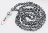 GMN1536 Hand-knotted 8mm, 10mm snowflake obsidian 108 beads mala necklace with pendant