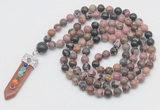 GMN1540 Hand-knotted 8mm, 10mm rhodonite 108 beads mala necklace with pendant